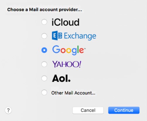 Choose a Mail account provider