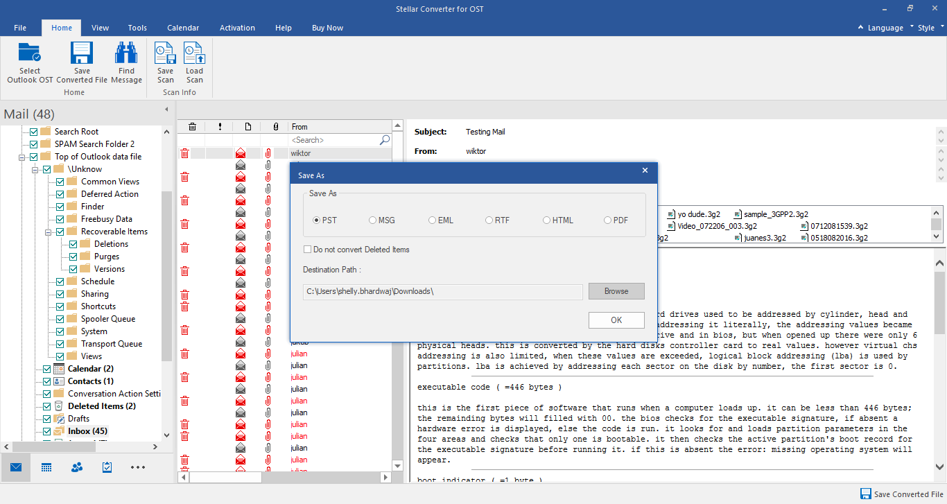 File format options for saving OST in Stellar Converter for OST