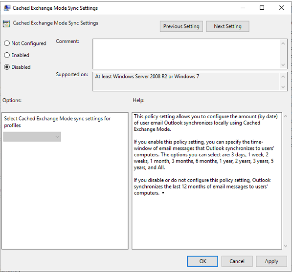 choose-disabled to disable cached exchange mode gpo