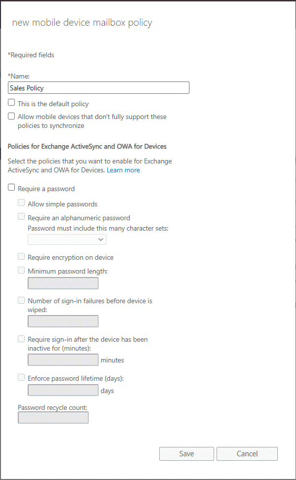 configure mobile device mailbox policies