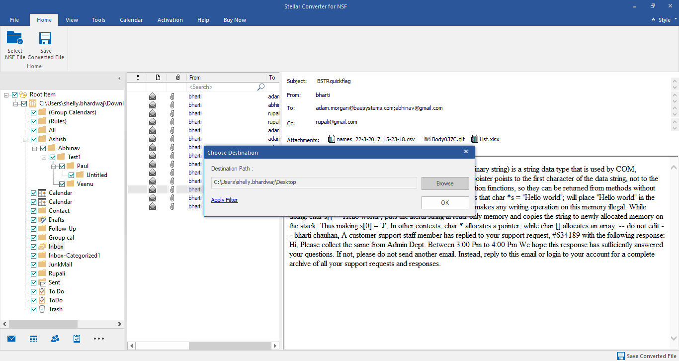 choose location to save converted nsf to pst