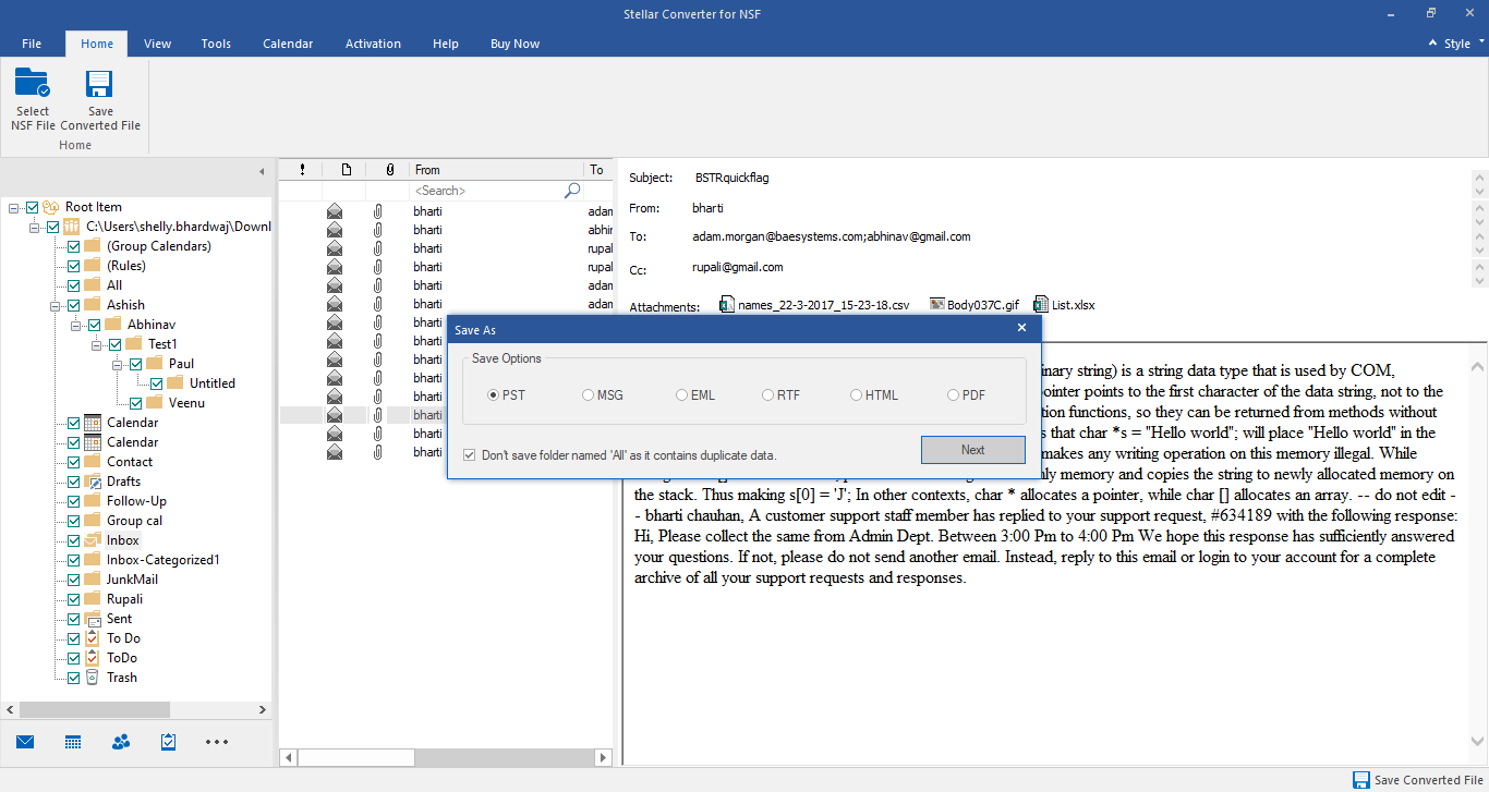 save converted nsf to pst format