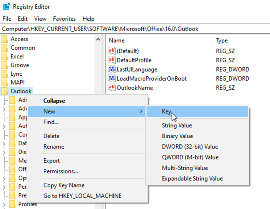 create a new registry key