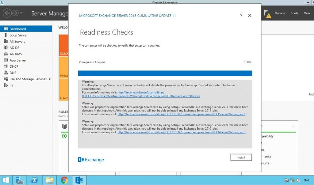 readiness check fix any error or warnings to install exchange server