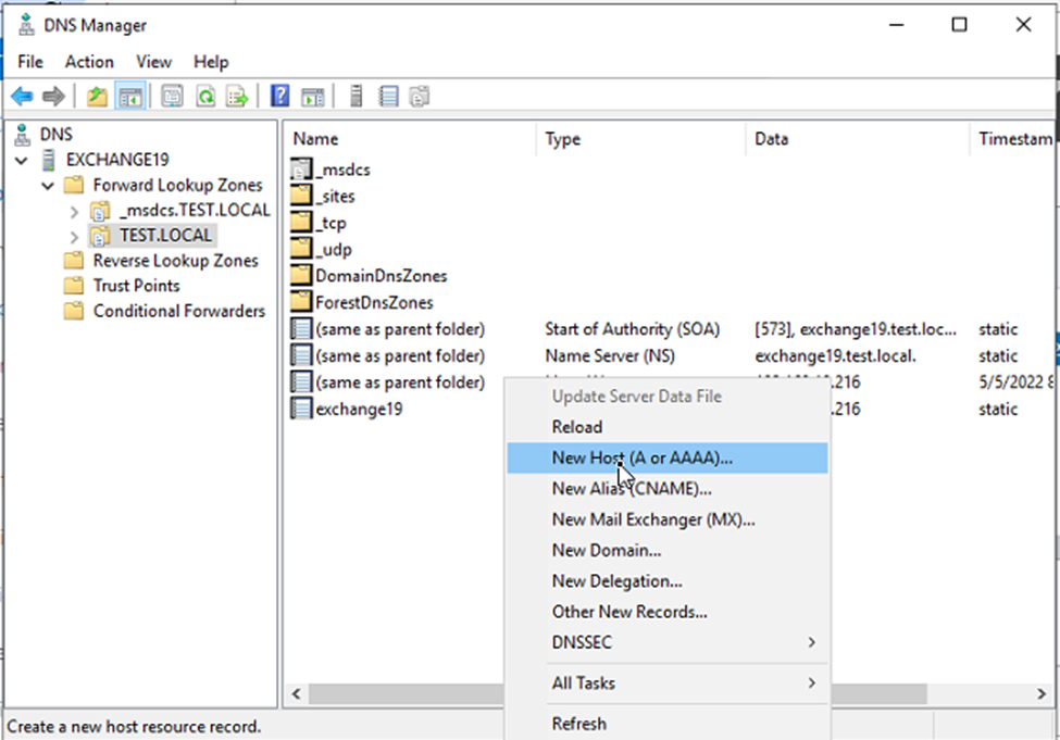 add new a record in dns manager