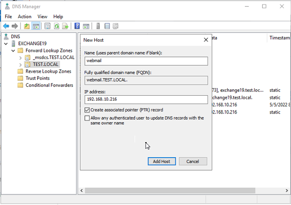 add the host name and ip address in a record