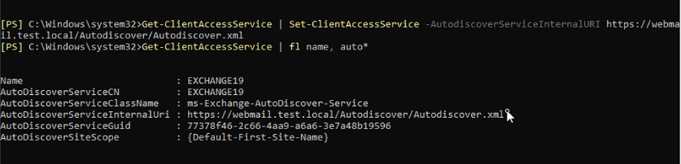 verify the autodiscoverServiceInternalUri