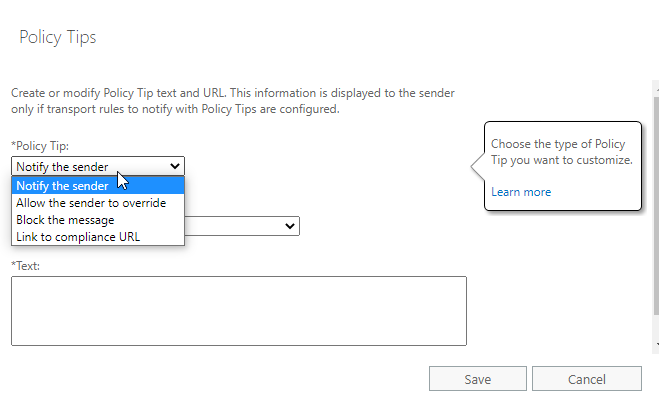 choose the type of policy tip from the options 