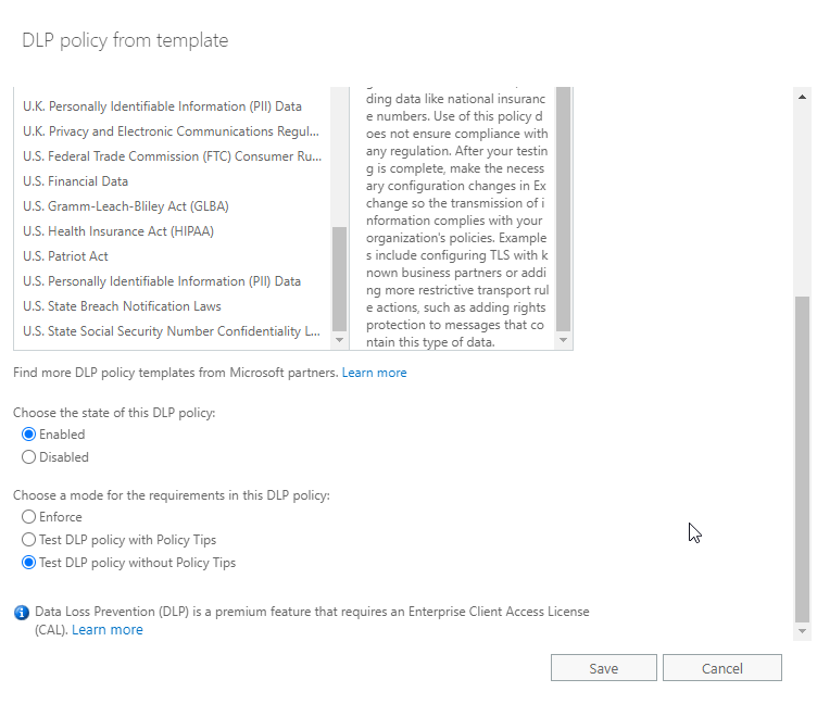 more options dlp settings exchange server