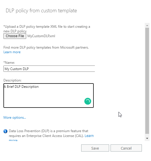 new dlp policy from custom template