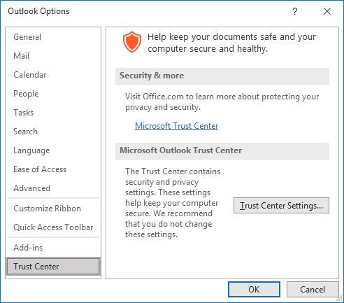 Outlook Trust Center Settings