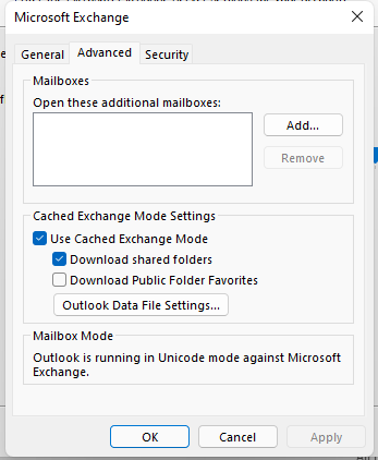disable download shared folders option and cached exchange mode
