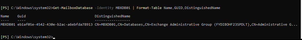 Get Mailbox Database Identity Name-GUID Distinguished Name