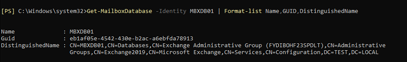 name guid distinguished name get mailbox database identity format list