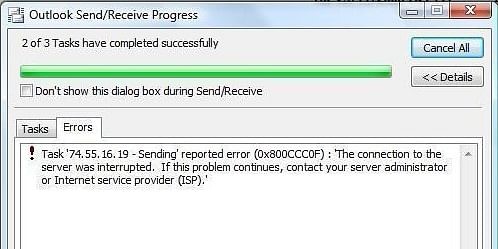 outlook send receive error