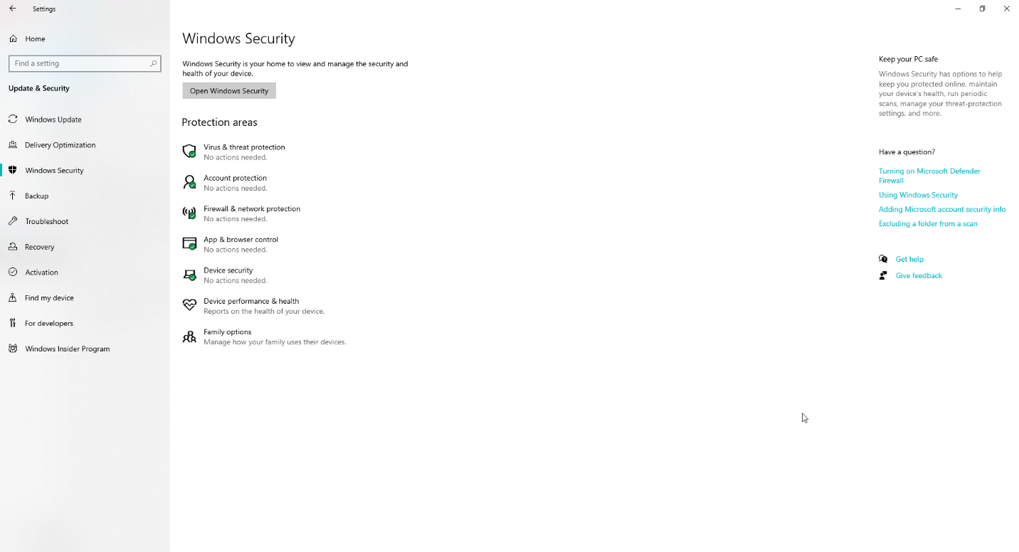 Öffnen Sie Einstellungen > Update und Sicherheit > Windows-Sicherheit