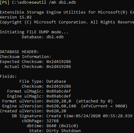 eseutil database status