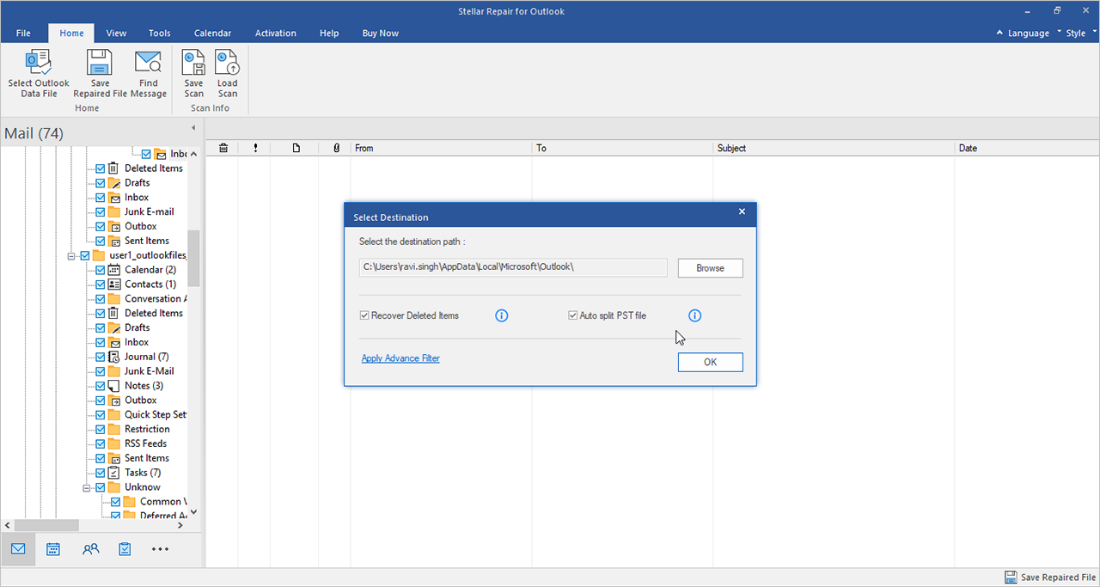 choose a save location to save the repaired pst file