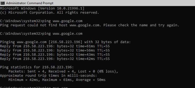 ping google.com using command prompt