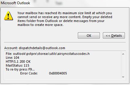 errore di dimensione della casella di posta di Outlook '07