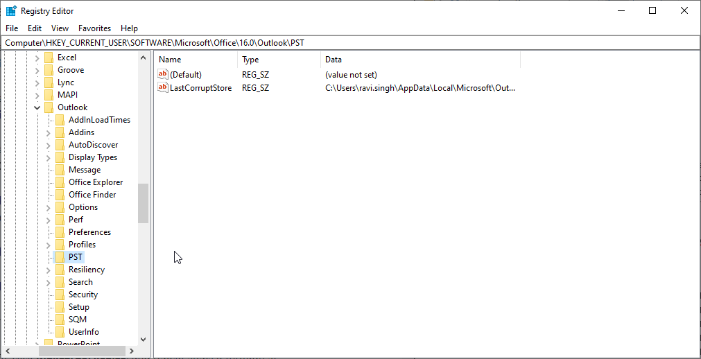 create PST registry entry