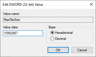 enter the sie value in bytes