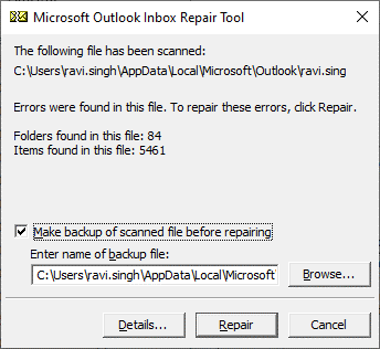 repair PST using inbox repair tool scanpst.exe