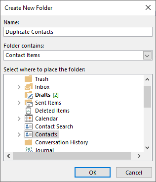 create new duplicate contacts named folder