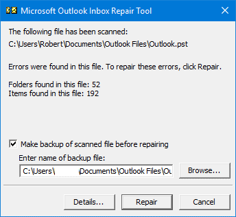 reapir pst file corruption with scanpst