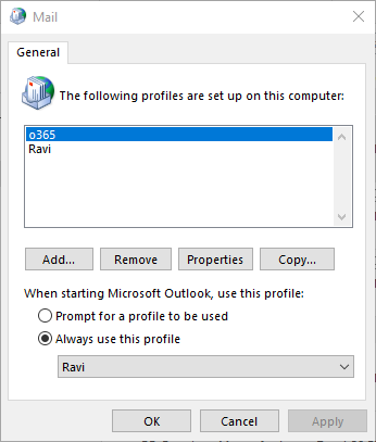 choose the default outlook profile