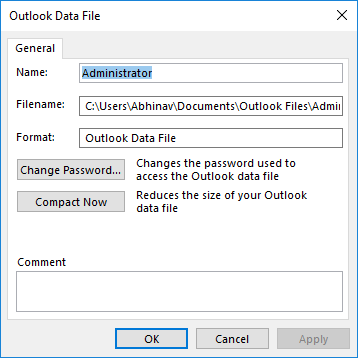 Outlook Data File Settings