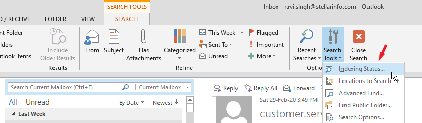 Outlook search not working