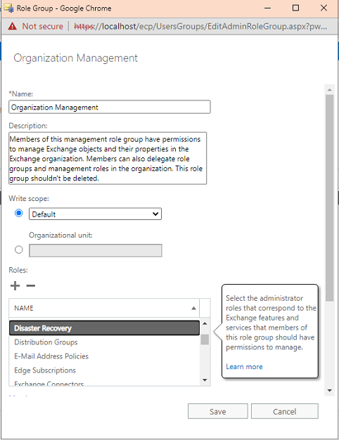 assign disaster recovery role under organization management exchange server