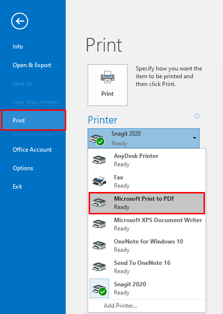 printer dropdown for microsoft print to pdf