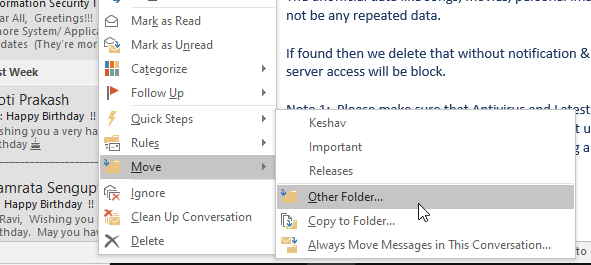 move emails to other folder in local pst