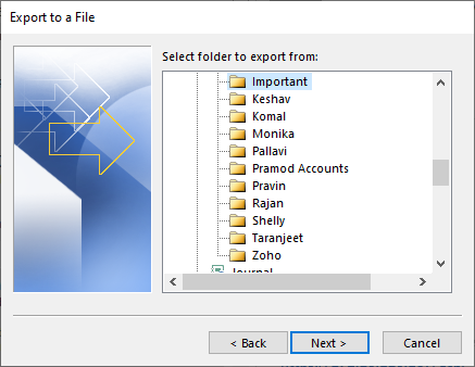 select the folder to export to pst