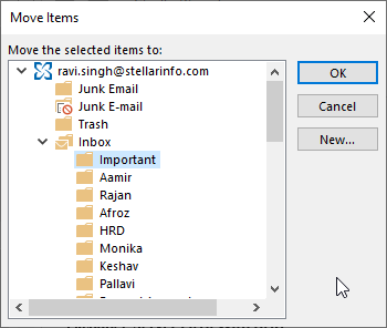 select the mail folder where to move mail items