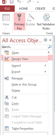 Access database objects design view