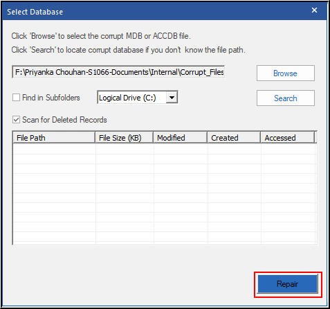 Start Access Database File Repairing