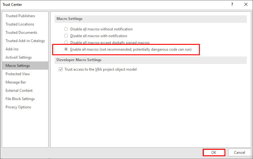 Enable All Macro In Trust Center