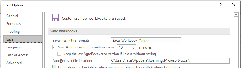 change excel settings