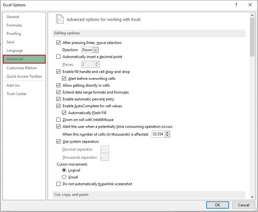 Excel Options Window