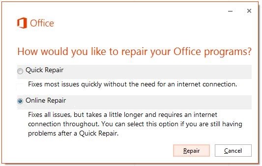 repair MS Office program