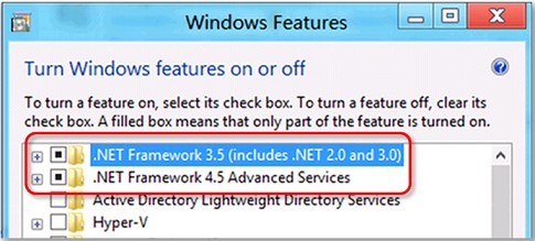 Select .NET Framework from Windows Features Box