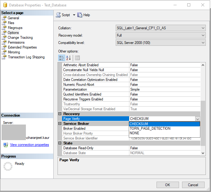 enable checksum on database page