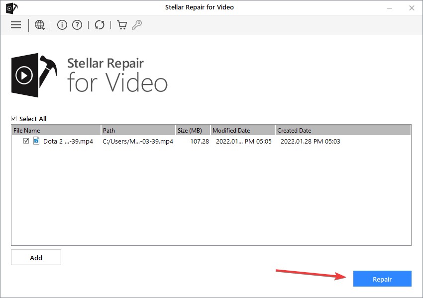 Stellar Repair For Video - Add File