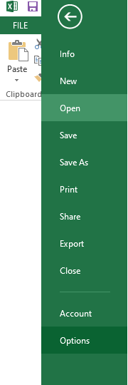 Excel file options