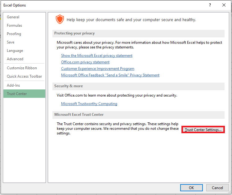 open excel trust center settings