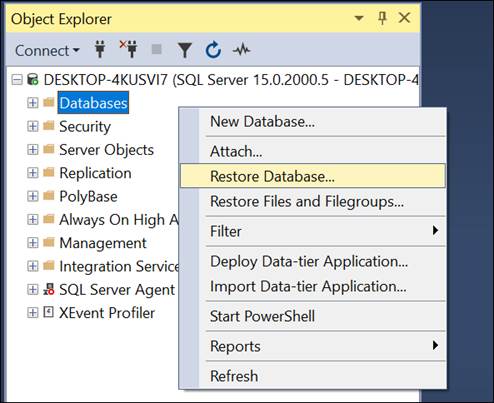 Restore Database from Object explorer