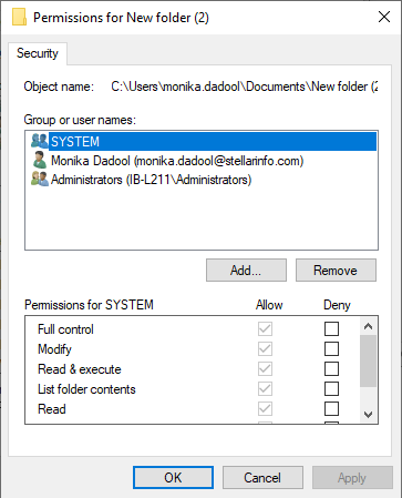 permissions for new folder window